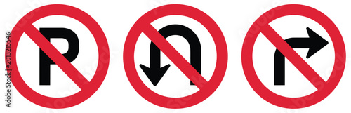 Free Download Traffic prohibition sign set with no parking, no U turn, and no right turn symbols for road safety navigation and urban traffic control systems. - GFXLoad