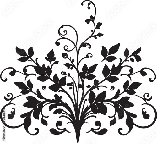 Elegant Black Floral Swirl Vector Ornament with Decorative Vine Leaves, Vintage Botanical Flourish Design Isolated on White Background
