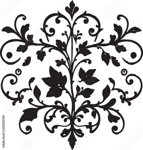 Elegant Black Floral Swirl Vector Ornament with Decorative Vine Leaves, Vintage Botanical Flourish Design Isolated on White Background

