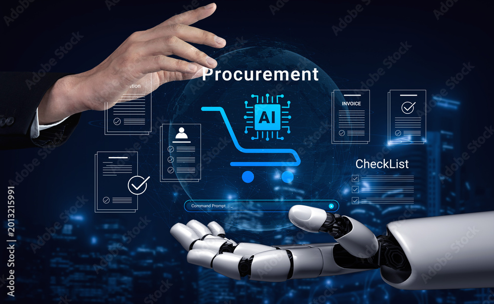 Naklejka premium A robotic hand interacts with digital elements representing artificial intelligence and procurement, illustrating innovative solutions for modern business operations and increasing efficiency. Cyphers