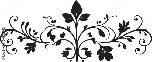 Elegant Black Floral Swirl Vector Ornament with Decorative Vine Leaves, Vintage Botanical Flourish Design Isolated on White Background
