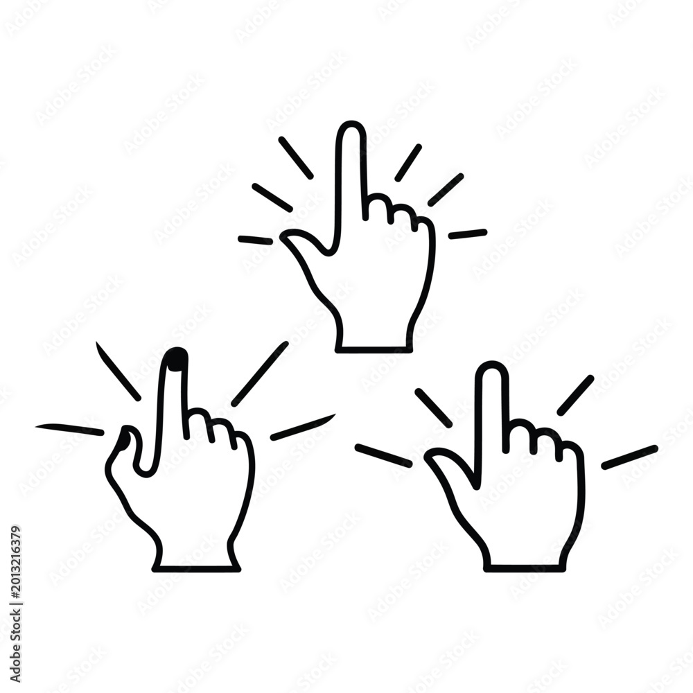 Fototapeta premium Three pointing hand icons, black line drawing, isolated on white background, cursor click symbol