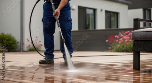Person pressure washing a wooden deck surface removing dirt and grime for outdoor deck maintenance and restoration background