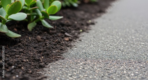 Closeup garden soil and succulent border beside asphalt path for landscaping texture background and planting design