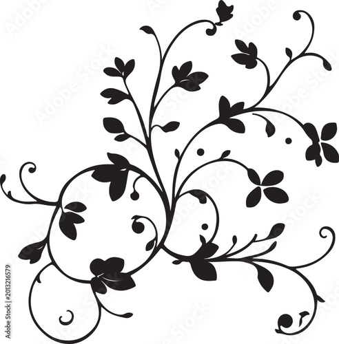Elegant Black Floral Swirl Vector Ornament with Decorative Vine Leaves, Vintage Botanical Flourish Design Isolated on White Background
