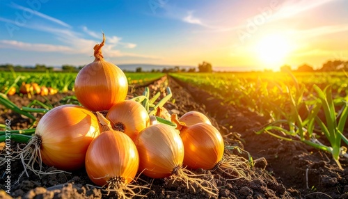 Freshly harvested organic yellow onions lying on the dark soil in a vast agricultural field during a beautiful warm golden sunset light.