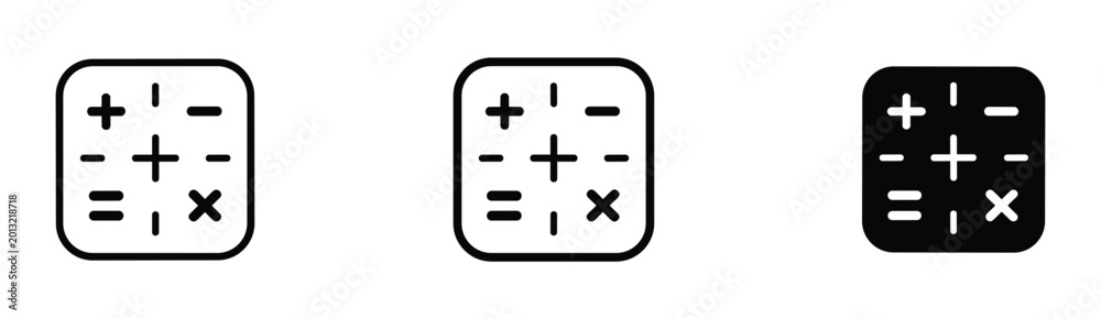 Fototapeta premium Three square calculator with rounded corners featuring black and white arithmetic symbols for addition subtraction multiplication and equals signs in outline and solid styles