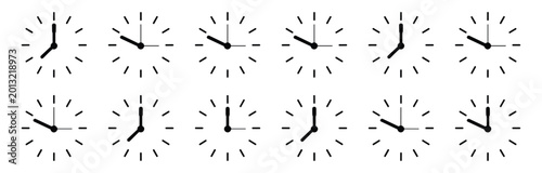 Set of twelve simple black and white clock showing different times with hour and minute hands on a circular dial with tick marks arranged in two rows of six on a plain white background
