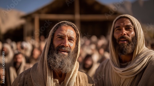 Outside the Tabernacle, Moses and Aaron teach the people about clean and unclean animals as attentive families listen beneath the bright desert midday sun.
