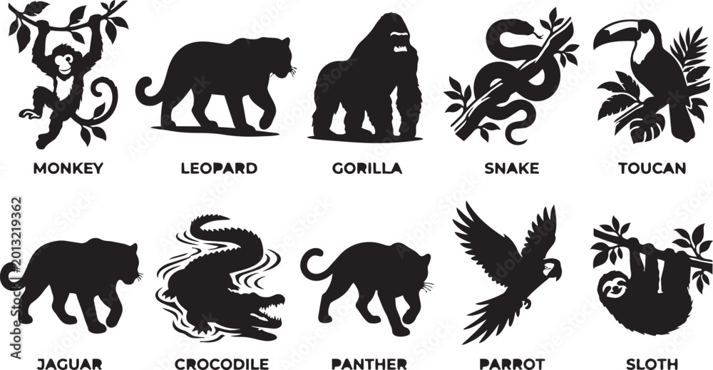 Fototapeta premium Jungle animal silhouettes collection, monkey leopard gorilla snake toucan jaguar crocodile panther parrot sloth vector wildlife black illustration