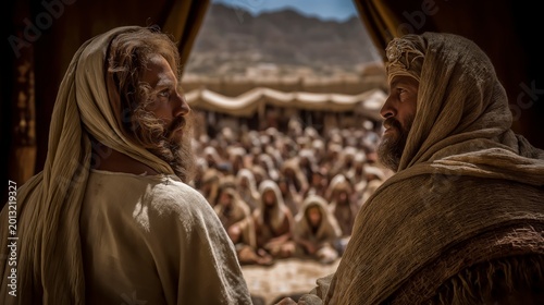 Outside the Tabernacle, Moses and Aaron teach the people about clean and unclean animals as attentive families listen beneath the bright desert midday sun.
