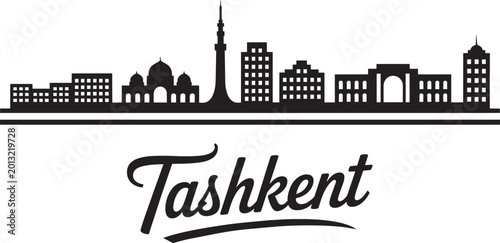 Принти на полотні Tashkent city skyline silhouette with iconic buildings and script text with city