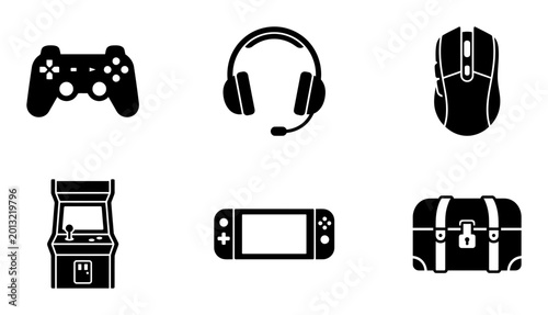 Six gaming silhouette icons, solid black style, video game accessories for entertainment platforms