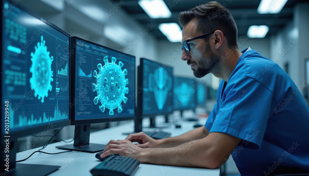 Fototapeta premium Scientist in blue scrubs examines virus model on computer screen. Researcher works with data, analyzing molecular structure for medical breakthrough in modern lab.