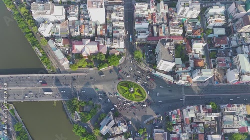 Aerial top-down view of Dien Bien Phu roundabout and bridge with busy traffic, Saigon, Vietnam
