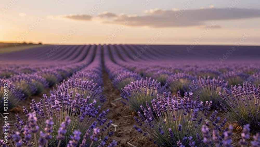 Obraz premium Lavender plants forming rows at sunset in open field