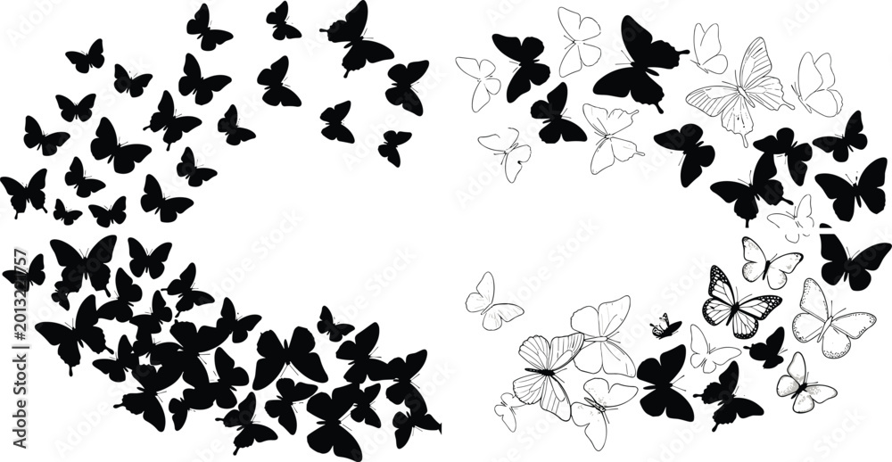 Fototapeta premium Butterfly silhouette and outline wreath collection isolated on white background for decorative nature inspired graphic design