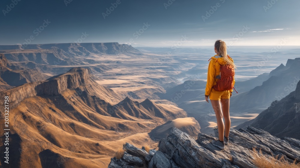 Fototapeta premium Young Woman Standing on Highland Plateau Overlooking Vast Landscape