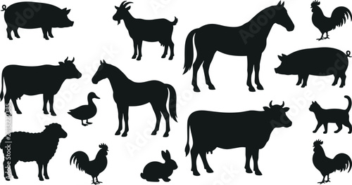 Foto Farm animal silhouette collection with cow, horse, pig, goat, sheep, rooster, ra