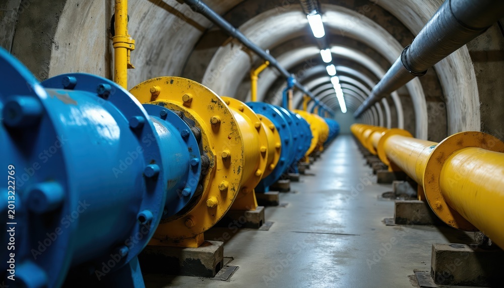 Obraz premium Underground tunnel with blue and yellow pipelines for energy or fluid transport. Industrial infrastructure system recedes into distance with lights overhead.