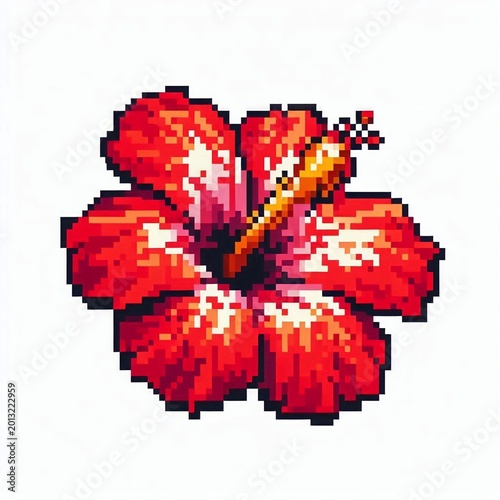 Red Hibiscus Flower Pixel Art Illustration Isolated on White
