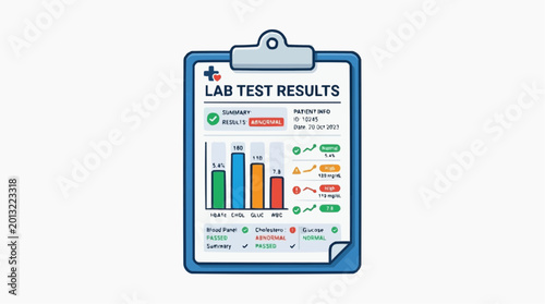 Lab Test Results: A detailed illustration of a clipboard, holding a document displaying lab test results and analytical data.