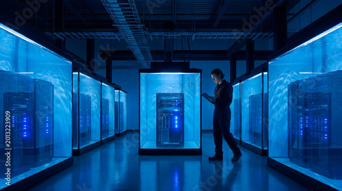 Engineer inspecting liquid immersion cooling servers in blue-lit data center