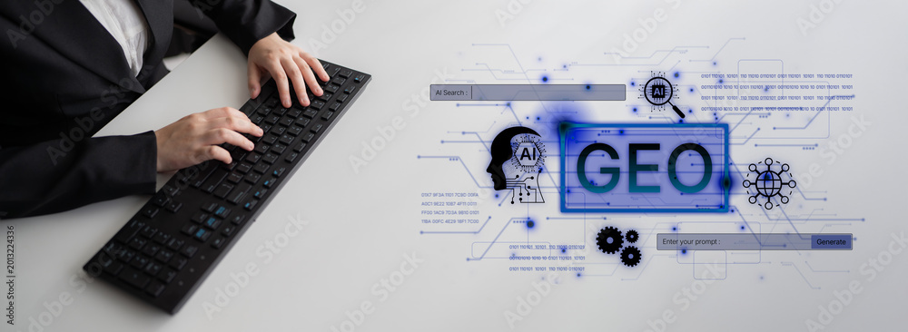 Fototapeta premium Digital marketing concept featuring GEO strategy. Generative AI search visual shows GEO interface integrating intelligence, logic, and AI input system for prompt tasks. Corpus
