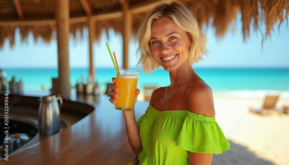 Fototapeta premium Woman in green dress with orange drink at beach bar. Blonde lady smiles holding cocktail, ocean waves behind her. Refreshing summer vacation vibes.