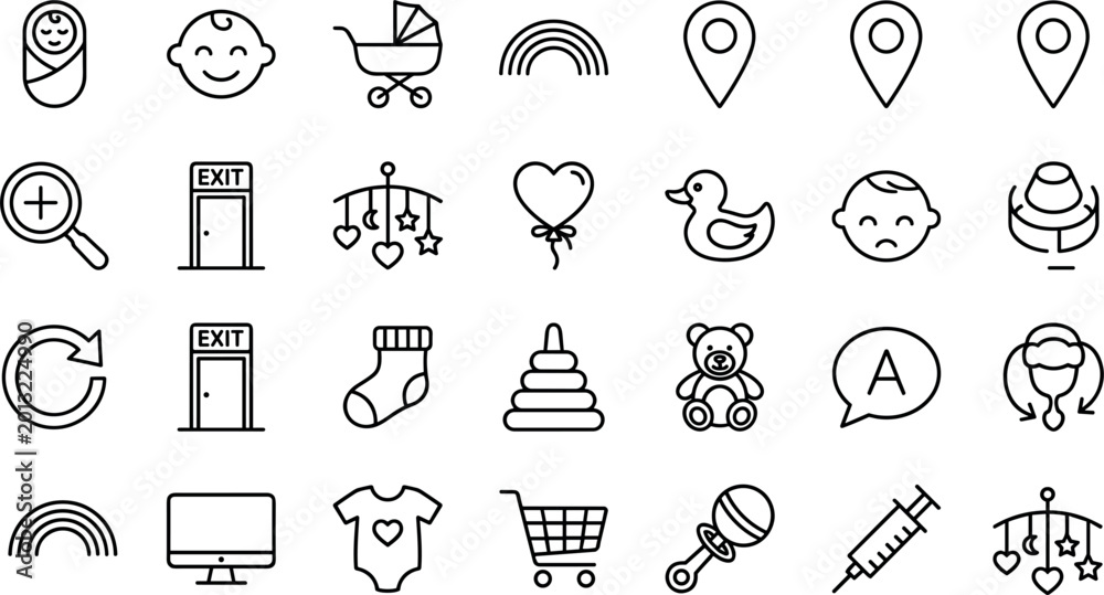 Fototapeta premium Baby Care and Childhood Toys Icon Set Featuring Nursery Essentials Playtime Items and Healthcare Graphics