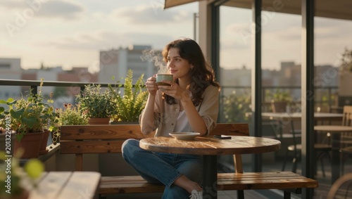 Woman enjoying hot drink while seated on urban rooftop balcony