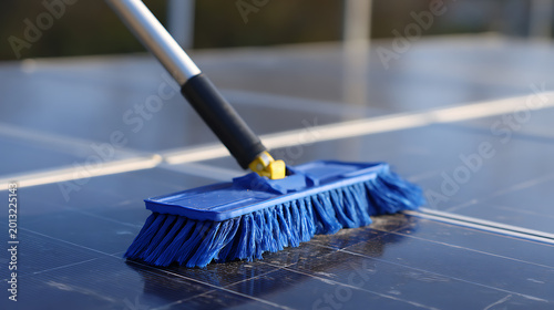 Close-up of a blue brush on an extendable handle cleaning solar panels, ensuring optimal energy production and maintenance under daylight conditions