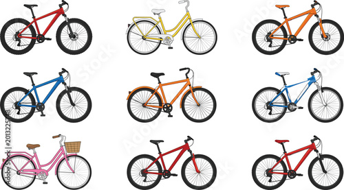 Foto Colorful bicycle collection illustration featuring mountain bikes, cruiser bikes