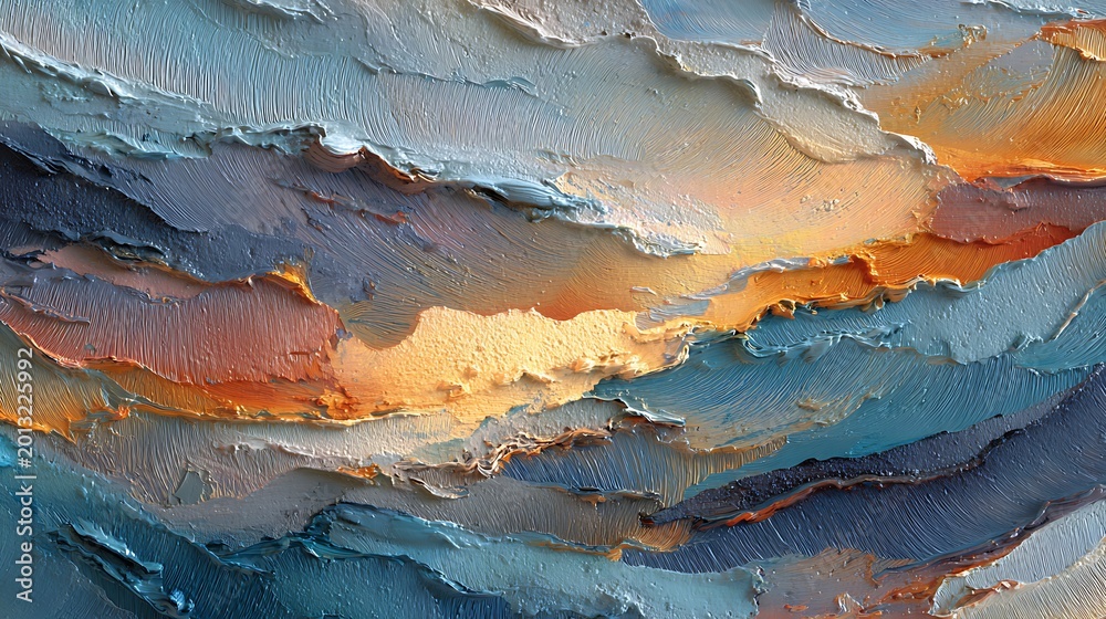 Naklejka premium Abstract Ocean Wave Texture Painting with Dramatic Blue and Orange Clouds