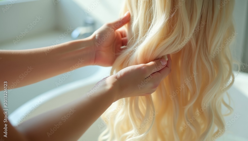 Naklejka premium Hands gently wash long blonde wavy wig in bright bathroom sink. Wig care involves cleaning and styling for a soft, shiny look. Beauty and fashion concept.