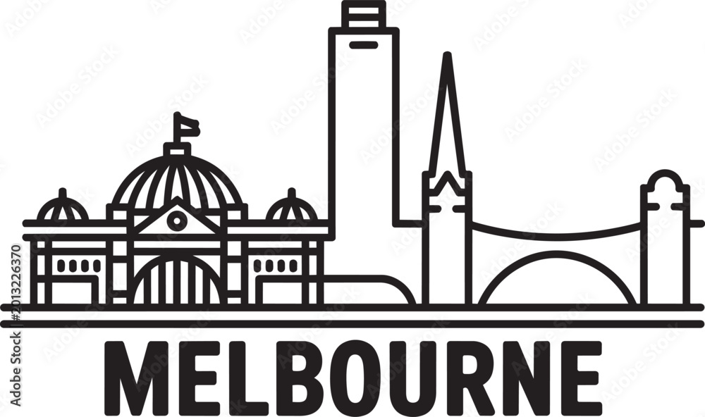 Obraz premium Melbourne city skyline silhouette with landmark architecture in clean minimal outline line style