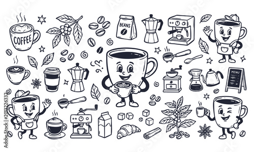 Vector doodle set of coffee cup mascots with cafe equipment and tools. Hand-drawn black line art collection of cartoon coffee characters on a white background