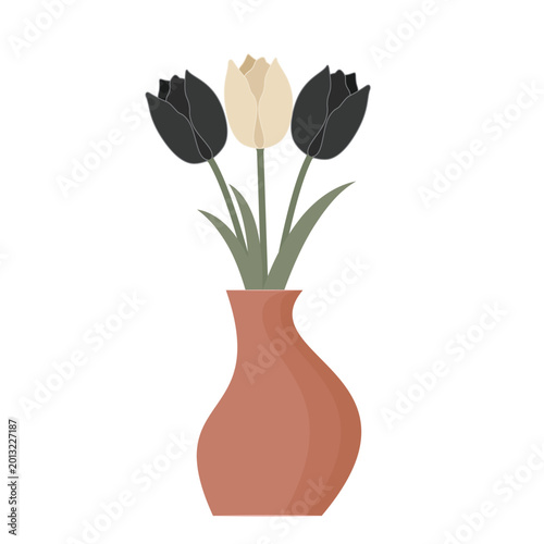 Rustic ceramic vase with black and white tulips isolated on white, vector illustration