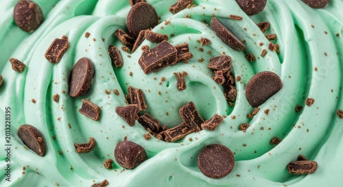 Macro view of creamy pastel green mint ice cream with scattered dark chocolate shavings and chips, showing a rich and refreshing texture, gelato, cold, frosty