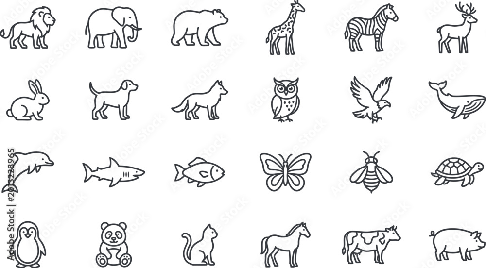 Fototapeta premium Animal Line Icon Set Featuring Wild, Farm, and Marine Animals in Minimalist Style