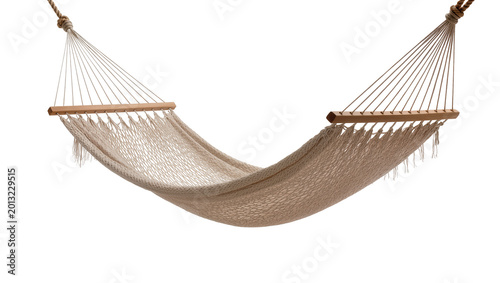Foto Isolated natural beige woven rope hammock with sturdy wooden spreader bars, read