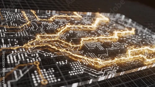 Digital circuit board with glowing electrical energy flow