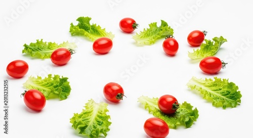 Vibrant red cherry tomatoes scattered amongst crisp green lettuce leaves on a clean white background, creating a fresh and healthy food scene, background, photography, top view