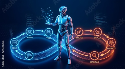 Futuristic AI robot standing between DevOps infinity loop showing software development lifecycle build test deploy monitor automation and continuous integration workflow