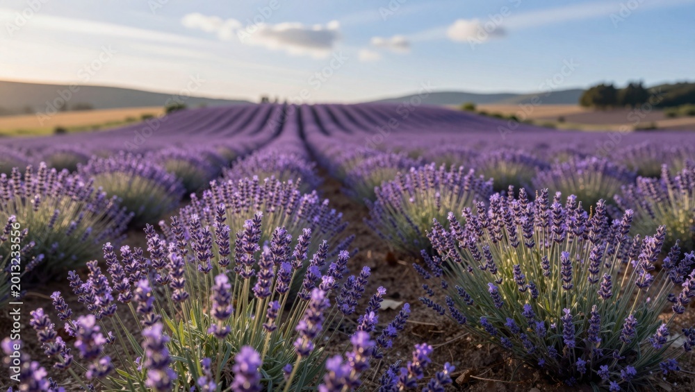 Obraz premium Lavender rows blooming across rural field at sunset