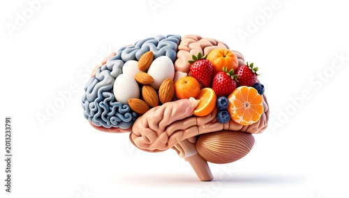 Left vs Right Brain Food Split Creative Concept with Protein and Fruits