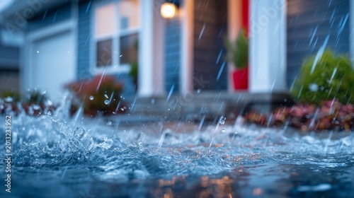 Water Rising at Night Near Residential Area with Approaching Storm