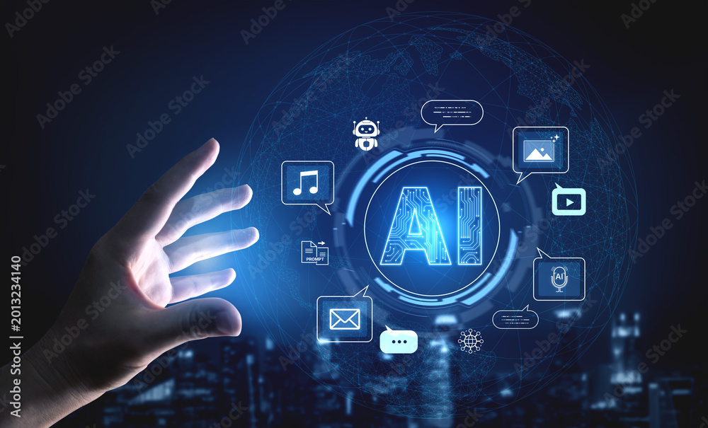 Fototapeta premium Artificial intelligence assistant supporting conversation, email, voice, music, video and creative workflows across platforms. Corpus