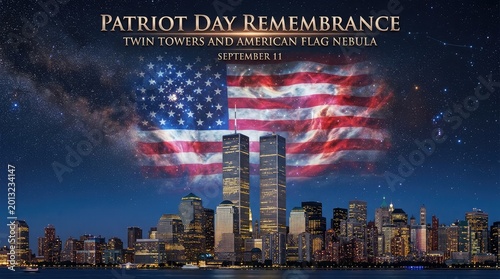 Patriot day remembrance twin towers and american flag nebula honoring september 11th