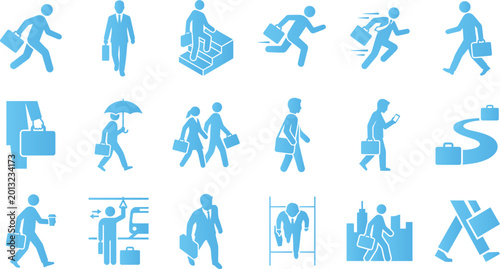 Foto Set of blue business people icons showing businessmen and women in various actions like walking running commuting and working